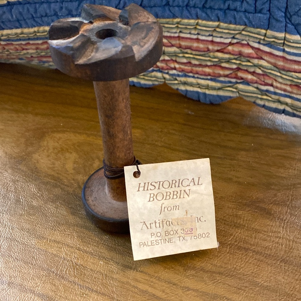 Vintage Textile Mill Industrial Wooden Bobbin, with historic description